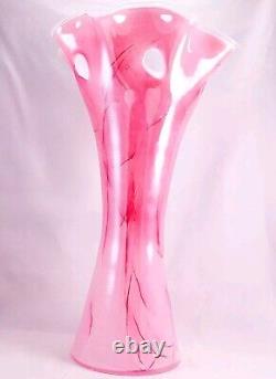 Hand Blown Murano Style Pink Watercolor Brushstroke Flower Rim Art Glass Vase