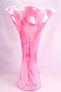 Hand Blown Murano Style Pink Watercolor Brushstroke Flower Rim Art Glass Vase