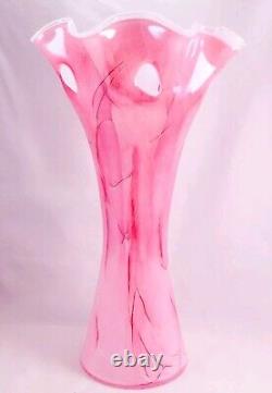 Hand Blown Murano Style Pink Watercolor Brushstroke Flower Rim Art Glass Vase