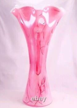 Hand Blown Murano Style Pink Watercolor Brushstroke Flower Rim Art Glass Vase