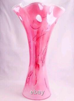 Hand Blown Murano Style Pink Watercolor Brushstroke Flower Rim Art Glass Vase