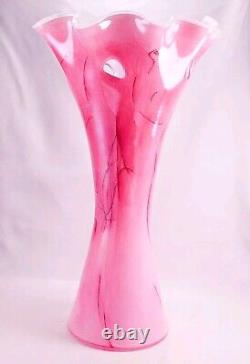 Hand Blown Murano Style Pink Watercolor Brushstroke Flower Rim Art Glass Vase