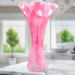 Hand Blown Murano Style Pink Watercolor Brushstroke Flower Rim Art Glass Vase