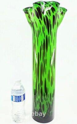 Hand Blown Murano Style Ruffled Art Glass Vase Green Brown Black 20.5 Tall