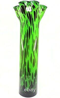 Hand Blown Murano Style Ruffled Art Glass Vase Green Brown Black 20.5 Tall