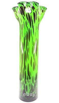 Hand Blown Murano Style Ruffled Art Glass Vase Green Brown Black 20.5 Tall