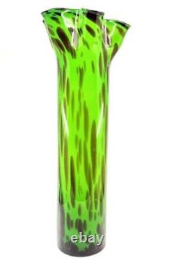 Hand Blown Murano Style Ruffled Art Glass Vase Green Brown Black 20.5 Tall