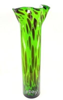 Hand Blown Murano Style Ruffled Art Glass Vase Green Brown Black 20.5 Tall
