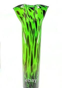 Hand Blown Murano Style Ruffled Art Glass Vase Green Brown Black 20.5 Tall