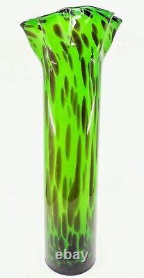 Hand Blown Murano Style Ruffled Art Glass Vase Green Brown Black 20.5 Tall