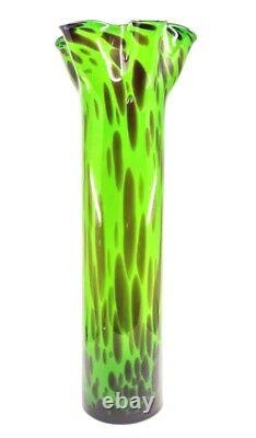 Hand Blown Murano Style Ruffled Art Glass Vase Green Brown Black 20.5 Tall