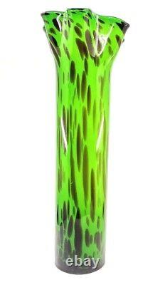 Hand Blown Murano Style Ruffled Art Glass Vase Green Brown Black 20.5 Tall