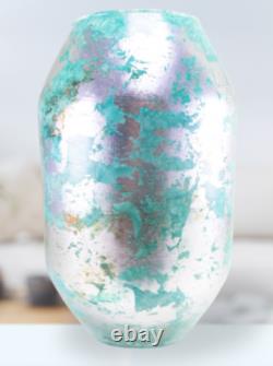 Hand Blown Murano Style Silver Green Watercolor Abstract Art Glass Vase 11.75