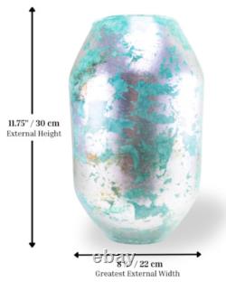 Hand Blown Murano Style Silver Green Watercolor Abstract Art Glass Vase 11.75