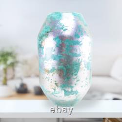Hand Blown Murano Style Silver Green Watercolor Abstract Art Glass Vase 11.75