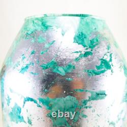 Hand Blown Murano Style Silver Green Watercolor Abstract Art Glass Vase 11.75