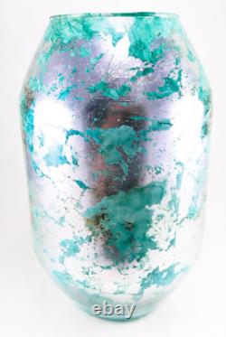 Hand Blown Murano Style Silver Green Watercolor Abstract Art Glass Vase 11.75