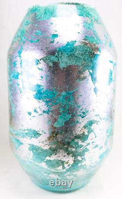 Hand Blown Murano Style Silver Green Watercolor Abstract Art Glass Vase 11.75