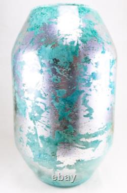 Hand Blown Murano Style Silver Green Watercolor Abstract Art Glass Vase 11.75