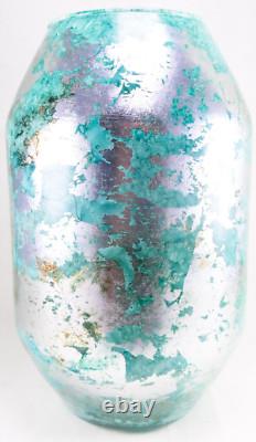 Hand Blown Murano Style Silver Green Watercolor Abstract Art Glass Vase 11.75