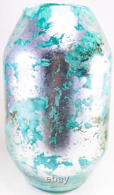Hand Blown Murano Style Silver Green Watercolor Abstract Art Glass Vase 11.75