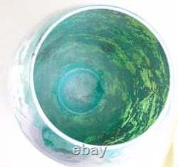 Hand Blown Murano Style Silver Green Watercolor Abstract Art Glass Vase 11.75