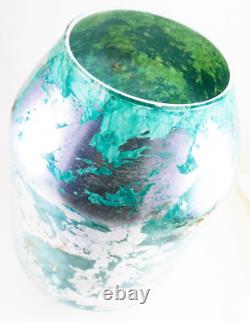 Hand Blown Murano Style Silver Green Watercolor Abstract Art Glass Vase 11.75