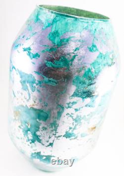 Hand Blown Murano Style Silver Green Watercolor Abstract Art Glass Vase 11.75