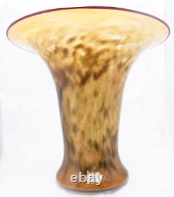 Hand Blown Murano Style Smokey Amber Spotted Wide Rim Art Glass Vase 10.5 Tall