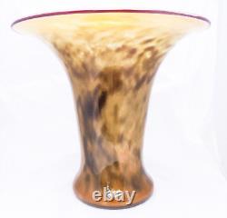 Hand Blown Murano Style Smokey Amber Spotted Wide Rim Art Glass Vase 10.5 Tall