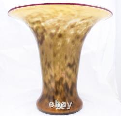 Hand Blown Murano Style Smokey Amber Spotted Wide Rim Art Glass Vase 10.5 Tall