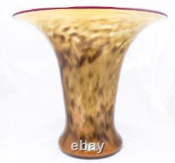 Hand Blown Murano Style Smokey Amber Spotted Wide Rim Art Glass Vase 10.5 Tall