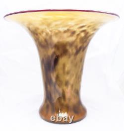 Hand Blown Murano Style Smokey Amber Spotted Wide Rim Art Glass Vase 10.5 Tall