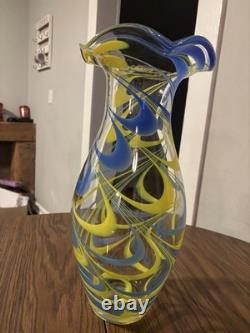 Hand Blown Murano Style Studio Art Glass Vase Blue Yellow Ribbon Swirl 9.2 Lbs