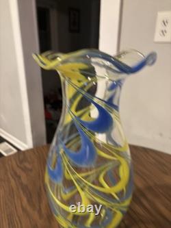 Hand Blown Murano Style Studio Art Glass Vase Blue Yellow Ribbon Swirl 9.2 Lbs