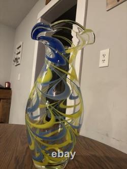 Hand Blown Murano Style Studio Art Glass Vase Blue Yellow Ribbon Swirl 9.2 Lbs