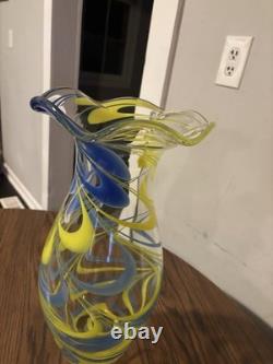 Hand Blown Murano Style Studio Art Glass Vase Blue Yellow Ribbon Swirl 9.2 Lbs