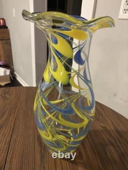 Hand Blown Murano Style Studio Art Glass Vase Blue Yellow Ribbon Swirl 9.2 Lbs