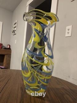 Hand Blown Murano Style Studio Art Glass Vase Blue Yellow Ribbon Swirl 9.2 Lbs