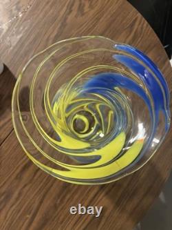 Hand Blown Murano Style Studio Art Glass Vase Blue Yellow Ribbon Swirl 9.2 Lbs