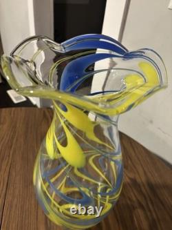 Hand Blown Murano Style Studio Art Glass Vase Blue Yellow Ribbon Swirl 9.2 Lbs