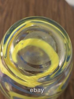 Hand Blown Murano Style Studio Art Glass Vase Blue Yellow Ribbon Swirl 9.2 Lbs