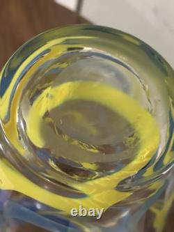 Hand Blown Murano Style Studio Art Glass Vase Blue Yellow Ribbon Swirl 9.2 Lbs