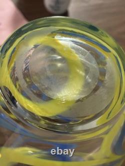 Hand Blown Murano Style Studio Art Glass Vase Blue Yellow Ribbon Swirl 9.2 Lbs