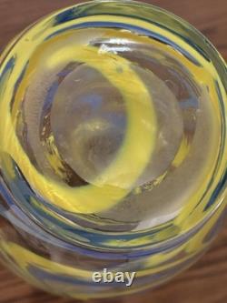 Hand Blown Murano Style Studio Art Glass Vase Blue Yellow Ribbon Swirl 9.2 Lbs