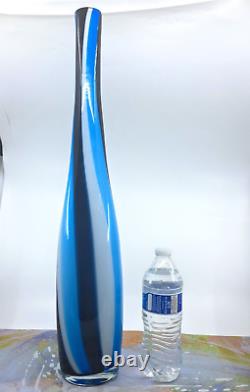 Hand Blown Murano Style Tall Candy Striped Art Glass Vase 23H Black White Blue