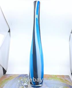 Hand Blown Murano Style Tall Candy Striped Art Glass Vase 23H Black White Blue