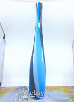 Hand Blown Murano Style Tall Candy Striped Art Glass Vase 23H Black White Blue