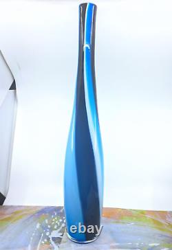 Hand Blown Murano Style Tall Candy Striped Art Glass Vase 23H Black White Blue