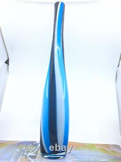 Hand Blown Murano Style Tall Candy Striped Art Glass Vase 23H Black White Blue